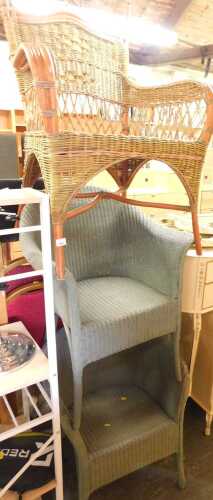 A pair of blue painted wicker Lloyd Loom style chairs, together with a further wicker chair. (3)