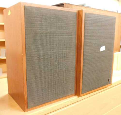 A pair of Decca teak cased speakers, serial number L200637123, 41cm high.