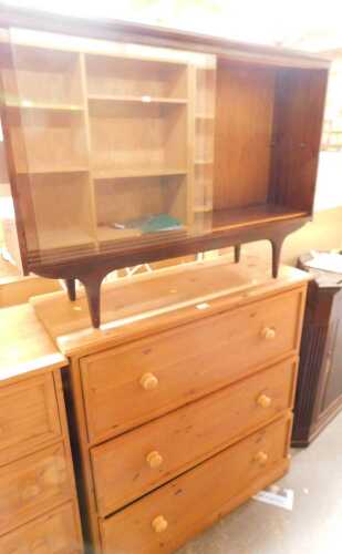 A pine chest, of three drawers, raised on a plinth base, 103cm high, 98cm wide, 41cm deep,...