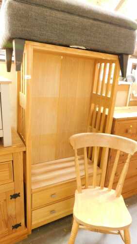 A group of furniture, to include a grey upholstered footstool, with a hinged top, a lath back...
