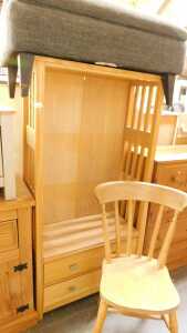 A group of furniture, to include a grey upholstered footstool, with a hinged top, a lath back...