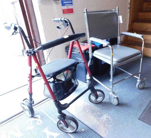A mobility walker, together with a commode chair.