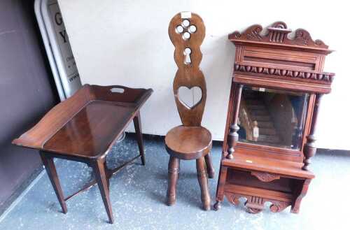 A group of furniture, comprising a Welsh spinning chair, a hardwood traytop table, together with...