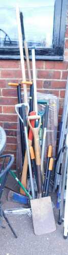 Garden tools, to include a spade, axe, rake, edging tool, shears, etc., together with four...
