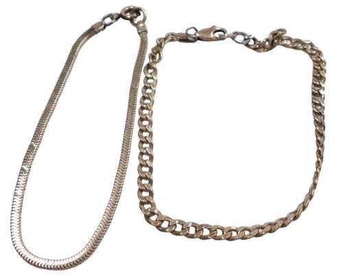 A snake link bracelet, on a bolt ring clasp, yellow metal, stamped 9c, and a curb link bracelet,...