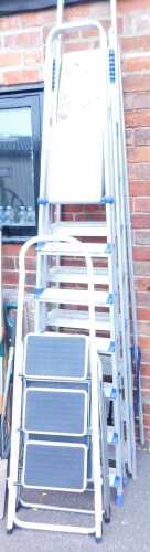 Four A frame ladders, to include an Abru eight step ladder, 257cm high unextended, the second...