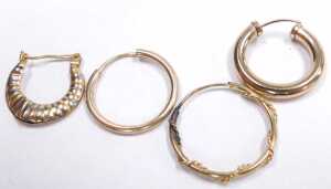 Two pairs of 9ct gold hoop earrings, pair of bicolour gypsy earrings, and single earrings, 3.3g. - 3