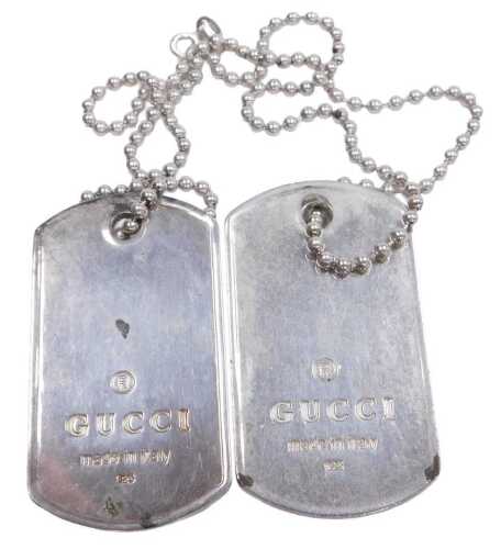 Two Gucci style dog tags, on a bead link neck chain, with bolt ring clasp.