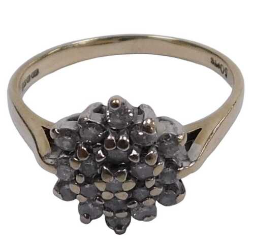 A 9ct gold and diamond flower head ring, of three tier form, in a claw setting, approx 0.5ct,...