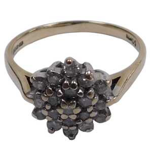 A 9ct gold and diamond flower head ring, of three tier form, in a claw setting, approx 0.5ct,...