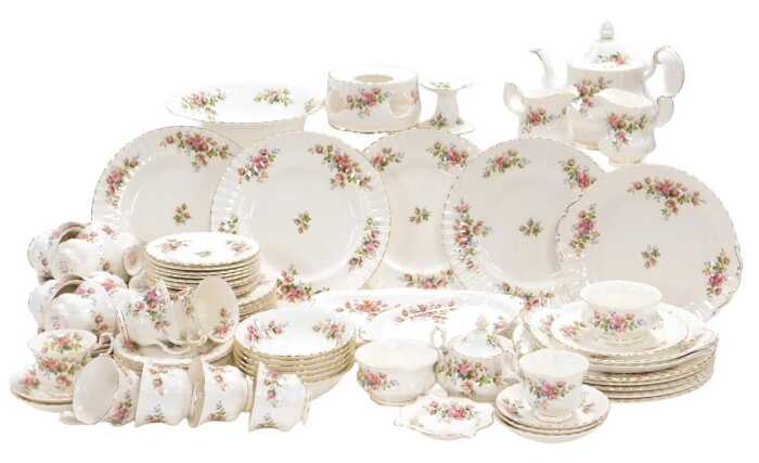 A Royal Albert porcelain Moss Rose pattern part dinner and tea service, including dinner,...