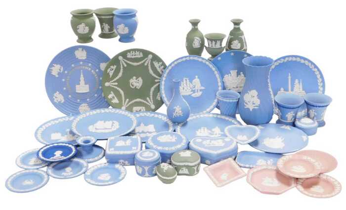 A group of Wedgwood Jasperware, in turquoise, green and pink, including commemorative plates,...