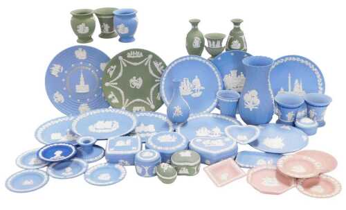 A group of Wedgwood Jasperware, in turquoise, green and pink, including commemorative plates,...