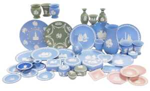A group of Wedgwood Jasperware, in turquoise, green and pink, including commemorative plates,...