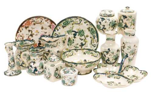A group of Masons ironstone Chartreuse pattern vases, fruit bowl, hors d'oeuvre, three graduated...