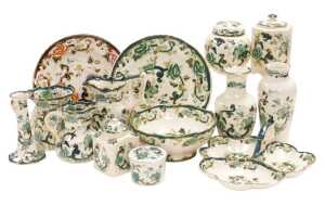 A group of Masons ironstone Chartreuse pattern vases, fruit bowl, hors d'oeuvre, three graduated...