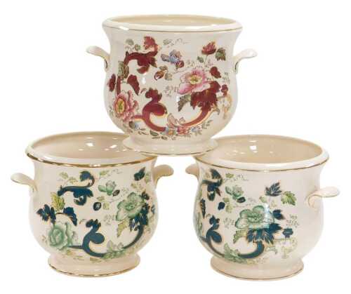 A pair of Masons ironstone Chartreuse pattern jardinieres, of twin handled baluster form,...