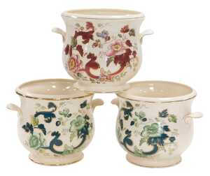 A pair of Masons ironstone Chartreuse pattern jardinieres, of twin handled baluster form,...