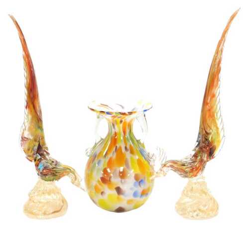 A pair of mid 20thC Murano glass figures of pheasants, 42cm high, together with a twin handled...