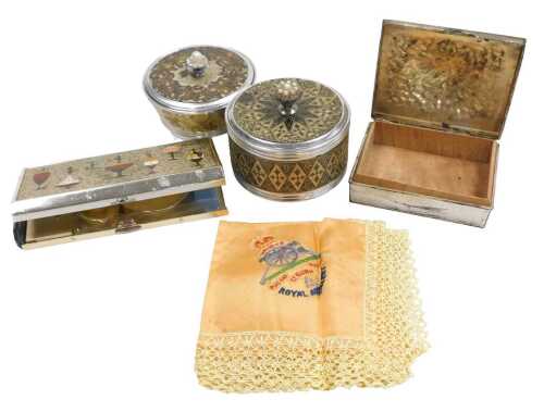 Two mid century Sankyo musical powder puff boxes, playing Romance de l'Amour, and Fur Elise,...