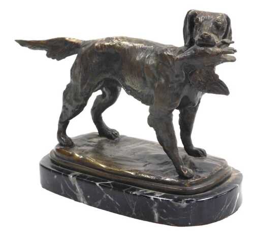Manner of Jules Moigniez. Cast bronze figure of a retriever, with a duck in its mouth, raised on...