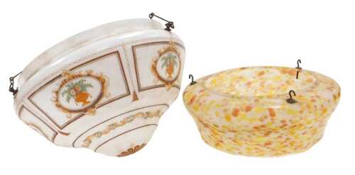 An early 20thC Continental milk glass plafonnier, printed with reserves of roses in an urn,...