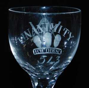 A late 18thC Masonic wine glass, the ovoid bowl engraved with Unanimity, above Prince of Wales... - 2