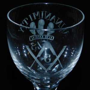 A late 18thC Masonic wine glass, the ovoid bowl engraved with Unanimity, above Prince of Wales... - 3