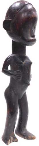 An African carved fertility figure, possibly Fang tribe from Gabon, modelled with a distended...