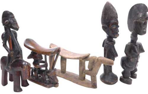 Three West African carved figures, one mounted on horseback, together with a Luba figural...