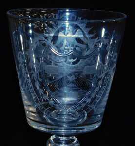 An early 19thC Georgian glass rummer, the bucket shaped bowl engraved with an oval cartouche of... - 2