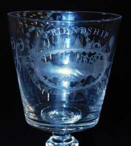 An early 19thC Georgian glass rummer, the bucket shaped bowl engraved with an oval cartouche of... - 3