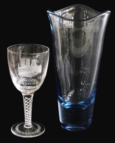 A commemorative wine glass, engraved for the Lincoln Cathedral seven hundred year anniversary,...