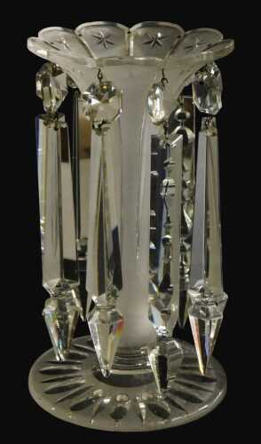 A late 19thC frosted glass lustre, with brilliant and prismatic drops, raised on an engraved...