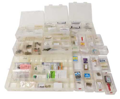 A large selection of various fly tying hooks, including salmon fly doubles, hooks by Partridge,...