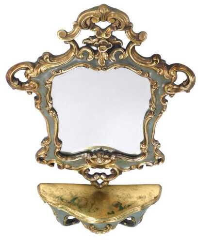 A Continental gold and turquoise painted Rococo style wall mirror, inset with bevelled glass,...