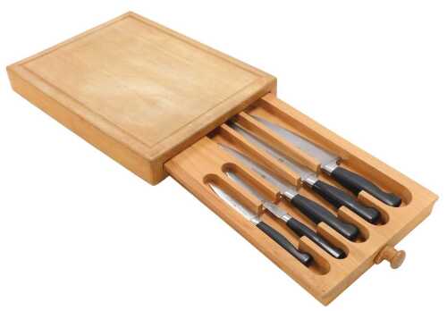 A J A Henckels Zwiling stainless steel five piece knife set, in a wooden chopping board case,...