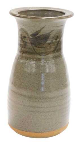 A Russell Collins Hook Norton Studio pottery vase, with a flared rim, above a neck painted with...