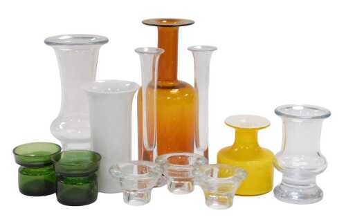 A group of contemporary glass, including a Holmegaard Carnaby yellow glass vase, pair of...