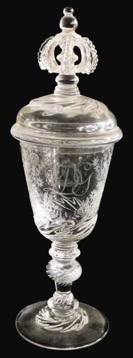 A Norwegian Hadaland Glass Works Monarch glass and cover, the domed cover with an openwork crown...