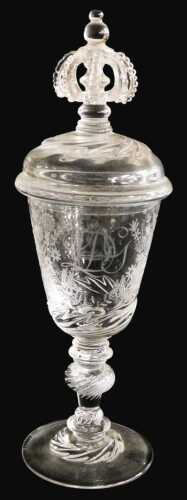 A Norwegian Hadaland Glass Works Monarch glass and cover, the domed cover with an openwork crown...