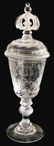 A Norwegian Hadaland Glass Works Monarch glass and cover, the domed cover with an openwork crown...
