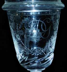 A Norwegian Hadaland Glass Works Monarch glass and cover, the domed cover with an openwork crown... - 2