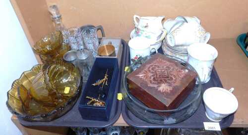 A Royal Standard tea set, silver plated child's mug, tankard, amber tinted glassware, a gilded...