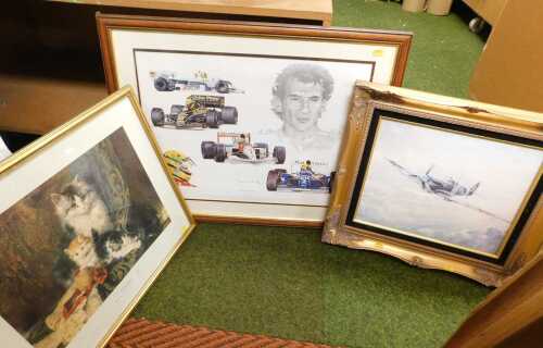 Pictures, to include after Stuart McIntyre, Tribute to Ayrton Senna, print, 40.5cm x 50cm,...