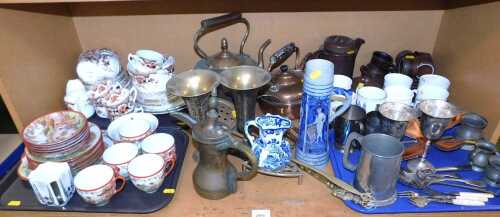 Ceramics and metalwares, to include copper kettles, Oriental teawares, pewter miniature tankards,...