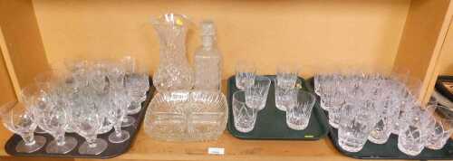 Glassware, to include Stewart crystal tumblers, four sectional moulded glass dish, decanter,...