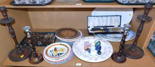Ceramics and collectibles, to include two pairs of oak candlesticks, a carving set, hardstone...