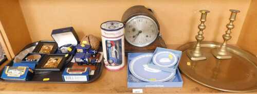 Matchbox diecast cars and trucks, an oak cased mantel clock, with Arabic numeral dial and eight...