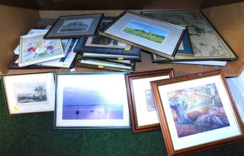 Pictures and prints, to include 19thC etchings, oil paintings depicting flowers and a landscape,...